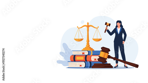 Professional female judge or lawyer in a suit holding a gavel next to a set of scales and several legal law books.