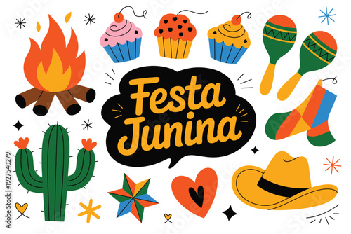 Festa Junina festive illustration with colorful icons and symbols