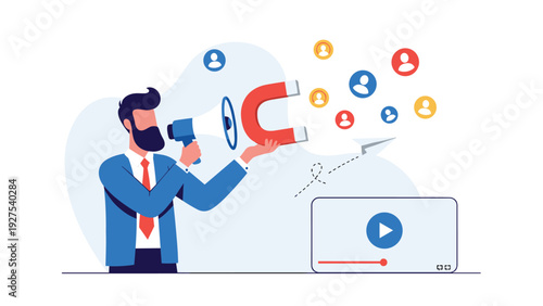 Entrepreneur using a loud megaphone and a giant magnet to attract and recruit new social media followers or customers.