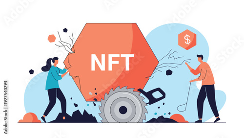 Two people using a large circular saw to cut through a giant orange hexagon labeled with the modern acronym for NFT.