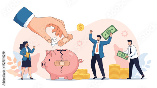 Team of people trying to fix a broken piggy bank with giant band aids while others collect gold coins and dollar bills.