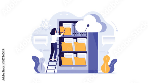 Woman standing on a ladder to organize files and folders in a giant digital filing cabinet with a cloud storage icon.