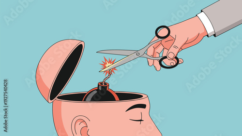 Large hand using a pair of sharp scissors to cut the fuse of a bomb located inside a human head to relieve mental stress.