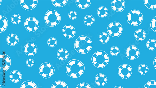 Seamless pattern of white lifebuoys or life rings floating on a bright blue background for water safety ocean themes.