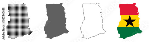 Ghana country map vector set with dotted pattern solid silhouette outline and national flag illustration