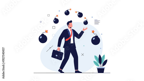 Businessman juggling several lit black bombs while walking to represent the high stress and danger of multitasking.