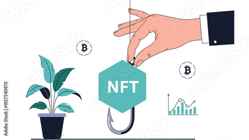 Hand reaching for an NFT icon that is attached to a sharp fishing hook as a metaphor for baiting and digital scams.