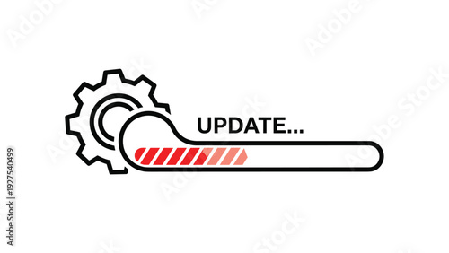 Progress bar showing a software update in progress next to a black gear icon on a white background for tech concepts.