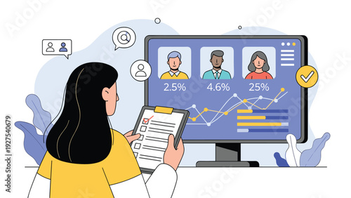 Female analyst reviewing complex data charts and performance metrics on a computer screen while checking a list on a clipboard.