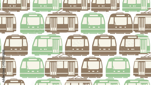 Seamless background pattern featuring stylized green and brown tram illustrations representing urban public transportation.