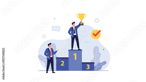 Successful business professional standing on a first-place podium while holding a gold trophy for his significant achievements.