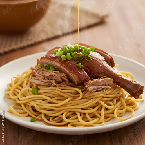 Egg noodles served dry with braised duck
