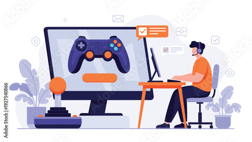 Enthusiastic gamer wearing a headset and playing a video game with a professional gaming setup including a joystick and monitor.