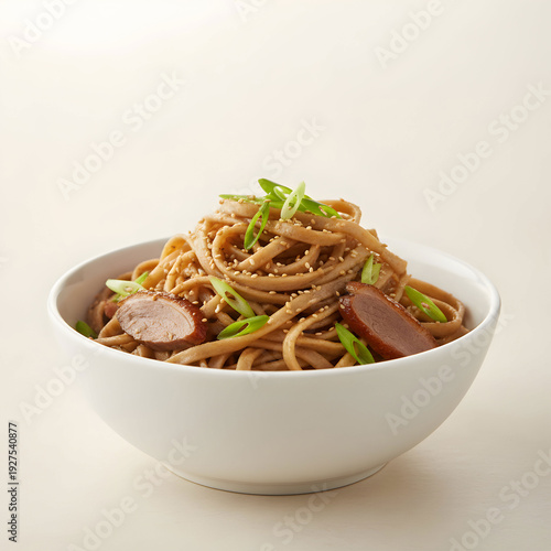Dried duck noodles in white bowl