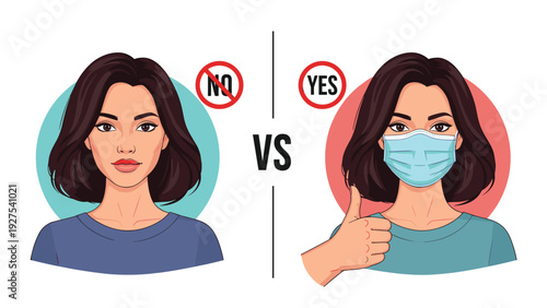 Public health guideline illustration comparing a woman without a face mask and another wearing one with a positive thumbs up.
