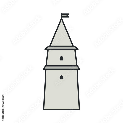 Historic defensive tower with conical roof and flag. Illustration. Object isolated on white background.