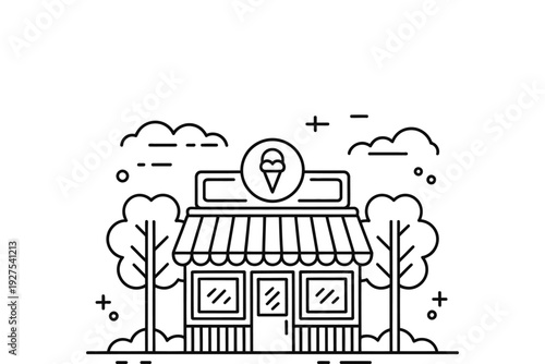 An ice cream shop icon with a red and white striped awning