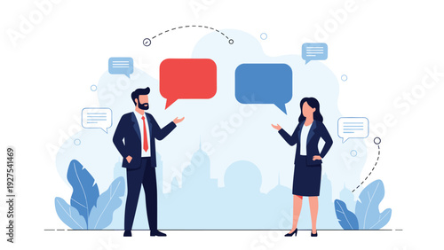 Business professionals engaged in an active conversation represented by large red and blue speech bubbles in a modern city.