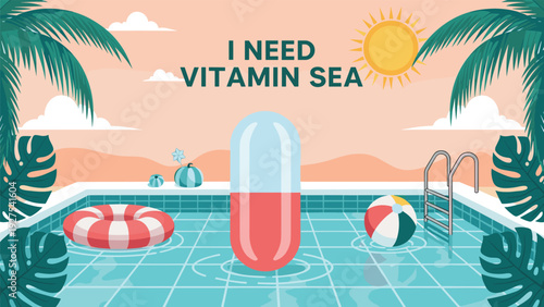 Creative summer vacation concept featuring a large medical pill in a swimming pool with the text I need vitamin sea in background.