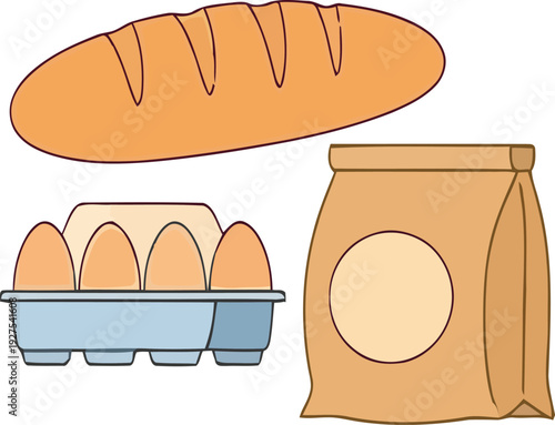 A colorful pixel art illustration of a shopping cart filled with fresh groceries and food items. Vector