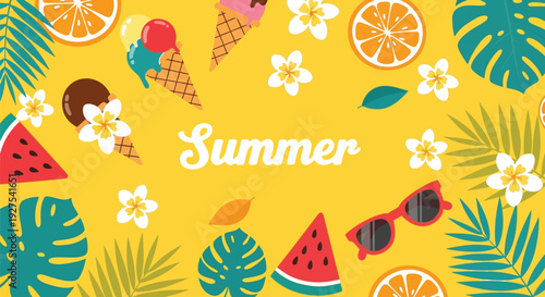 Summer vacation background with tropical leaves ice cream watermelon and orange slices. Vector