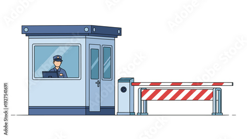 Security guard station with an automatic road barrier and a professional officer monitoring from inside the modern booth.