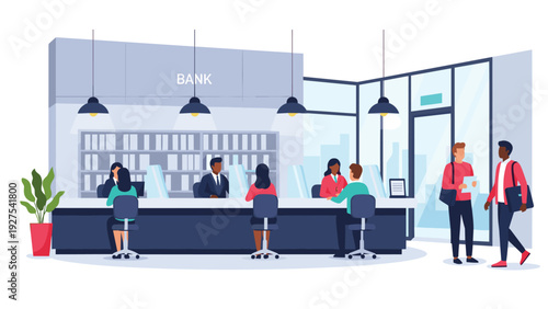 Modern bank interior with professional tellers serving customers and people discussing financial matters at the service counter.