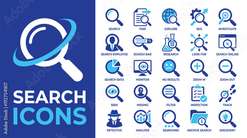 Collection of search icons in various shades of blue on white and blue background