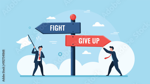 Businessman standing at a crossroads between fighting for his goals or giving up on his professional career and journey.