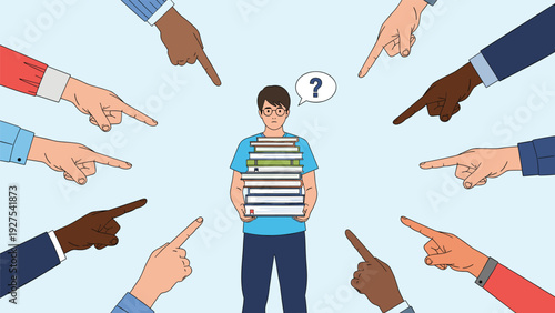 Young student holding a stack of books and feeling overwhelmed as many hands point at him from all directions during a study.