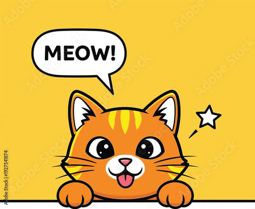 Cute orange tabby cat peeking over a white ledge with a speech bubble saying meow on yellow background Vector