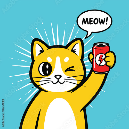 Pixel art illustration of a cute orange cat winking and holding a red soda can against a blue background. Vector