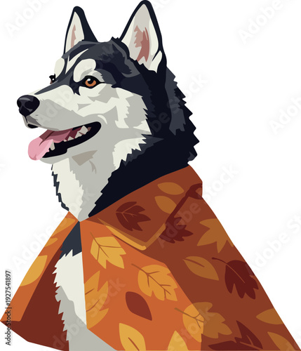 Pixel Art Husky Dog Wearing Autumn Leaf Cloak Isolated