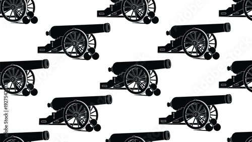 Seamless background pattern of vintage black cannons and cannonballs representing military history and antique weapon designs.
