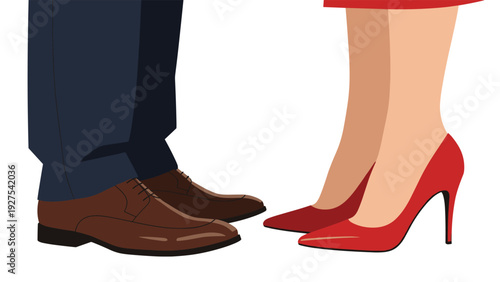 Close-up of a man in professional brown shoes and a woman in red high heels facing each other for a formal business meeting.