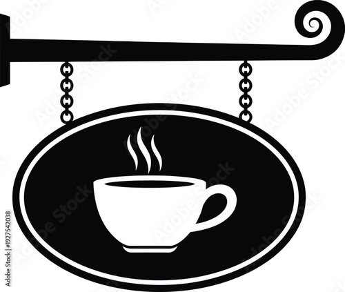 Black and white illustration of a classic wrought iron hanging sign for a coffee house or cafe. Vector