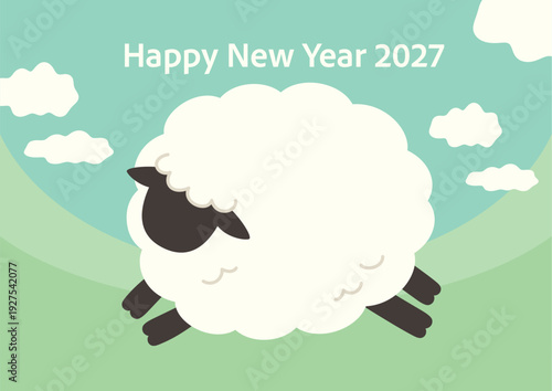 青空と白い雲とふわふわの羊がいる年賀状用ベクターイラスト