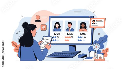 HR manager evaluating job candidates by comparing their profiles and performance percentages on a large computer screen monitor.