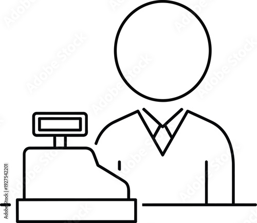 A simple line art illustration of a male cashier standing behind a cash register at a store. Vector