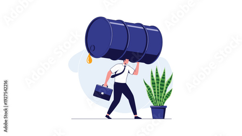 High energy costs and economic burden concept with a businessman struggling to carry a massive leaking oil drum on his back in a blue environment.