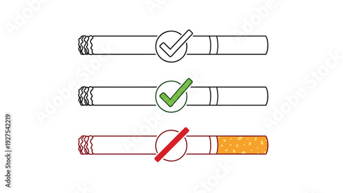 Health comparison illustration showing unlit cigarettes with green checkmarks and a burning cigarette marked with a red cross for anti-smoking message.