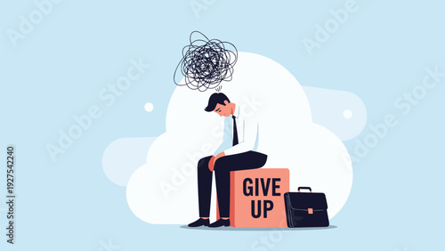 Mental health and workplace stress concept with a discouraged businessman sitting on a box labeled give up under a dark cloud of tangled thoughts.