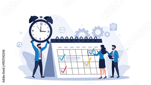 Time management and deadline concept showing office workers organizing tasks on a giant calendar while holding a massive alarm clock for productivity.