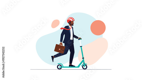 Modern urban commuting concept with a black businessman wearing a helmet and suit while riding an electric kick scooter to work with a briefcase.