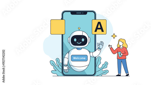 Artificial intelligence customer support concept with a woman interacting with a friendly chatbot appearing on a large mobile phone screen for help.