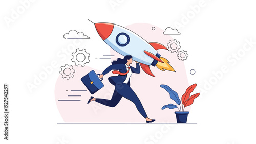 Career growth and fast success concept featuring a determined businesswoman running while carrying a large launching space rocket with gears.