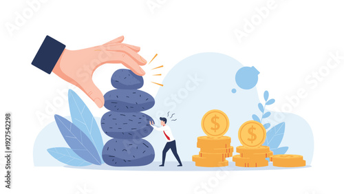 Financial pressure and debt burden concept showing a giant hand stacking heavy stones over a small businessman standing next to piles of gold coins.