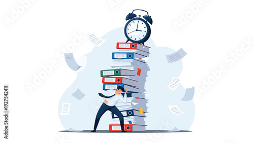 Workplace stress and heavy workload concept showing a businessman buried under a massive stack of document folders with a ticking alarm clock.