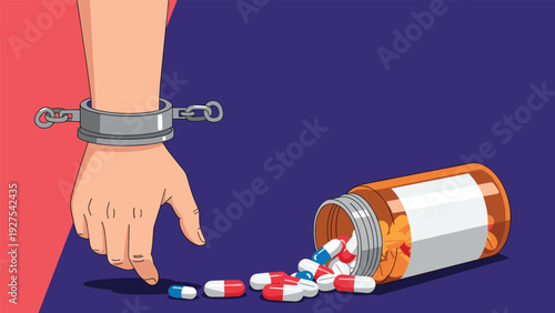 Drug addiction and substance abuse concept featuring a hand handcuffed to an open bottle of scattered medicine pills on a dark blue surface.