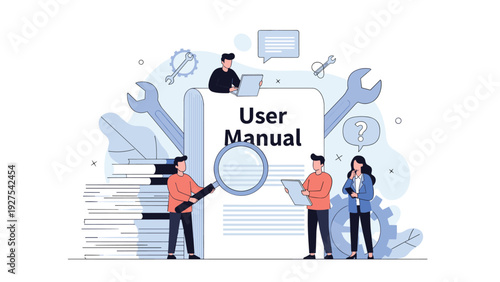 Product support and technical documentation concept showing people using a magnifying glass and documents to read a giant printed user manual.